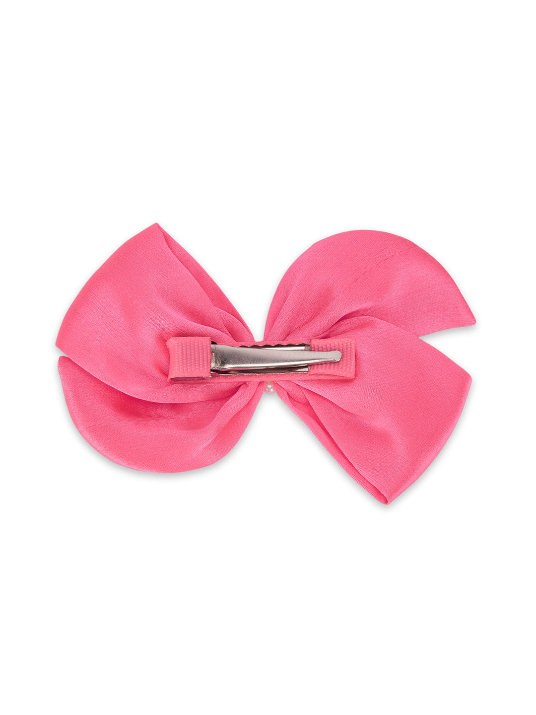 Pearl Detailed Cute Satin Bow on Alligator clip - Fluorescen pink