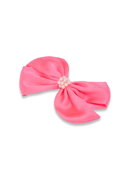 Pearl Detailed Cute Satin Bow on Alligator clip - Fluorescen pink