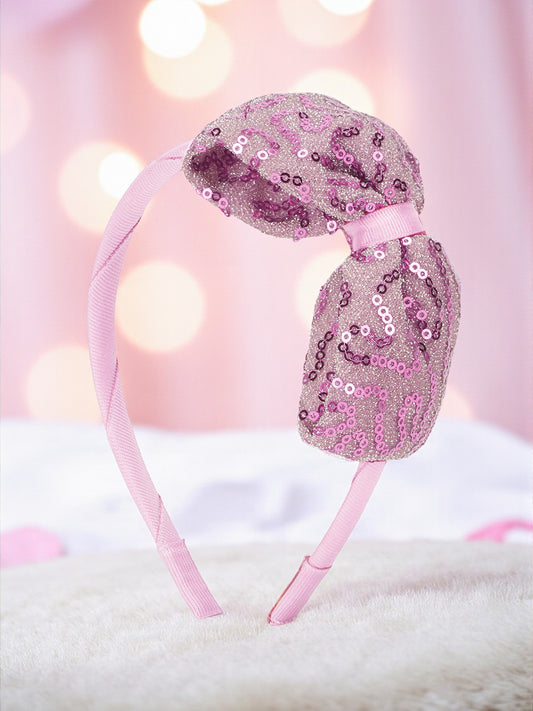 Big sequined party bow on hair band - Light pink