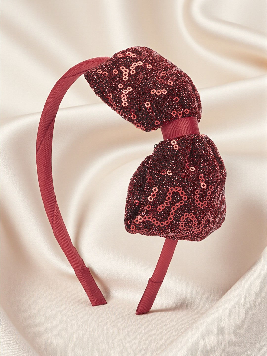 Big sequined party bow on hair band - Maroon