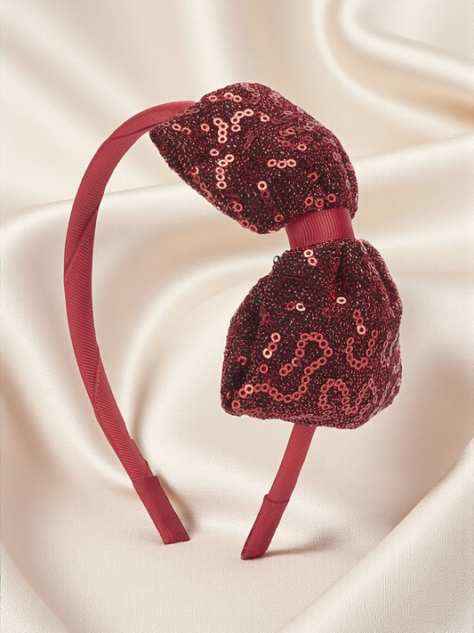 Big sequined party bow on hair band - Maroon
