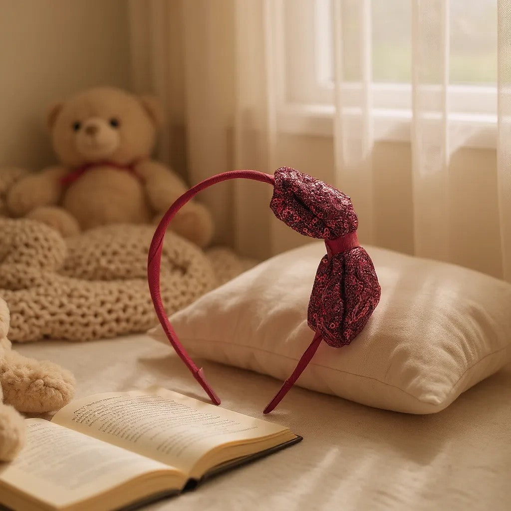 Big sequined party bow on hair band - Maroon