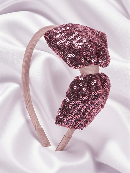 Big sequined party bow on hair band - Wine