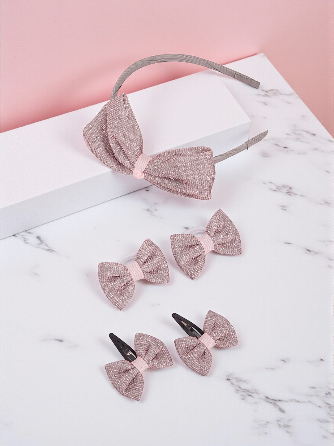 Combo: A Big shiny bow on hairband, 1 pair of shiny bow tic-tacs & rubberbands - Light pink
