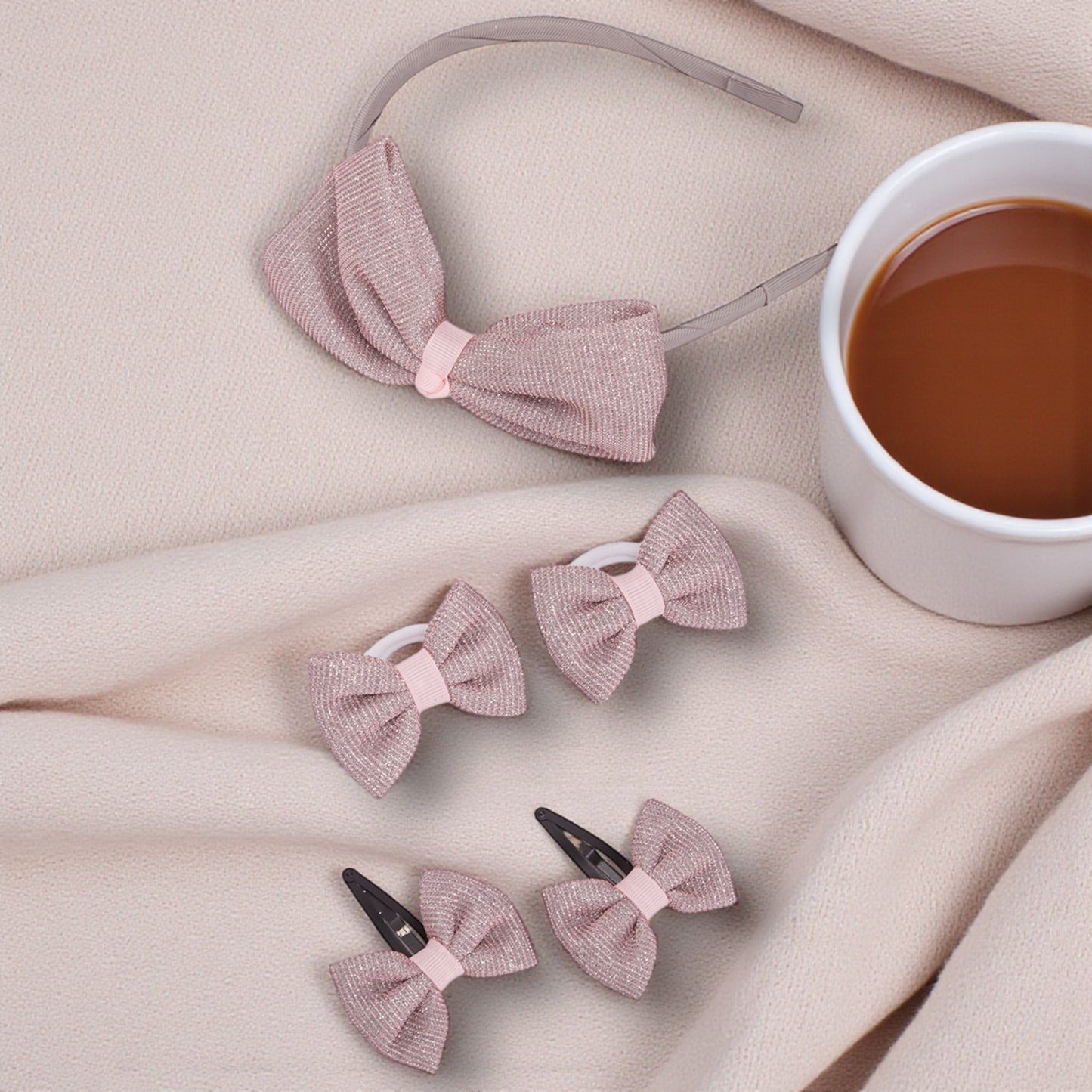 Combo: A Big shiny bow on hairband, 1 pair of shiny bow tic-tacs & rubberbands - Light pink