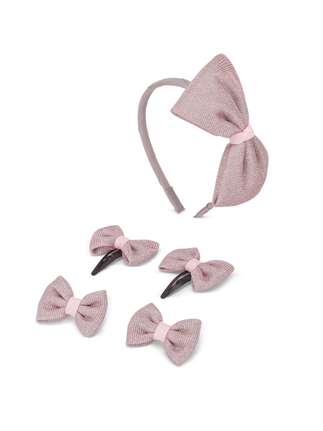 Combo: A Big shiny bow on hairband, 1 pair of shiny bow tic-tacs & rubberbands - Light pink
