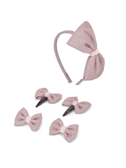 Combo: A Big shiny bow on hairband, 1 pair of shiny bow tic-tacs & rubberbands - Light pink