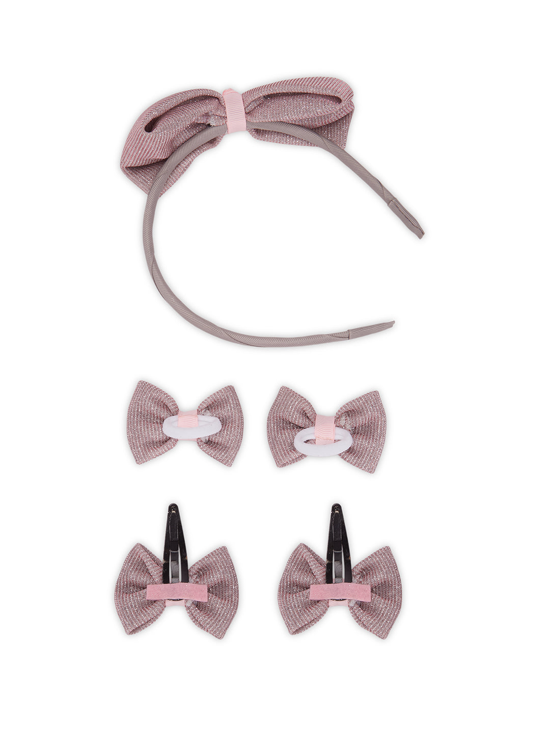 Combo: A Big shiny bow on hairband, 1 pair of shiny bow tic-tacs & rubberbands - Light pink