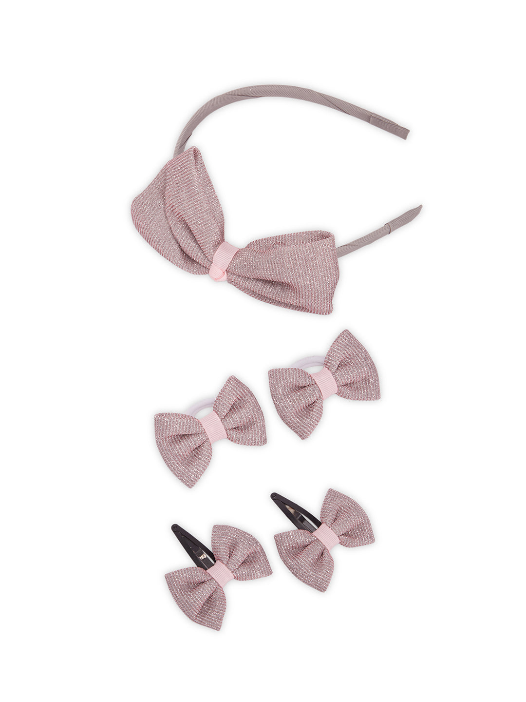 Combo: A Big shiny bow on hairband, 1 pair of shiny bow tic-tacs & rubberbands - Light pink