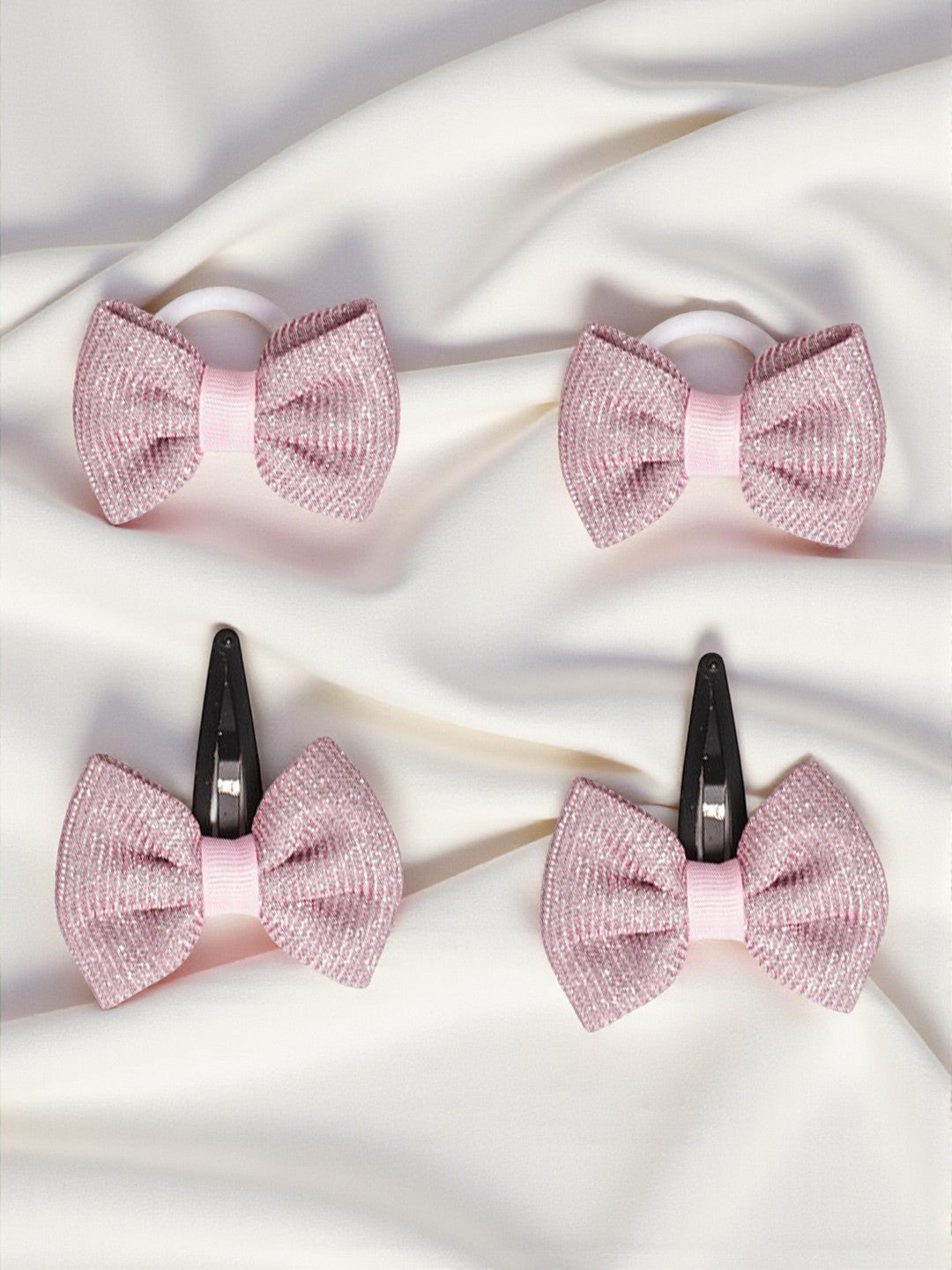 Shiny Party Bow on Rubber bands & snap clip - Light pink