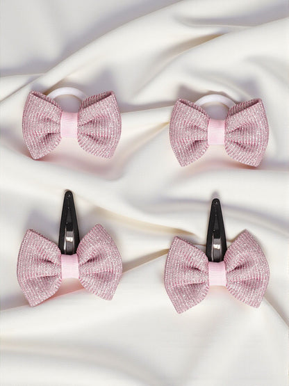 Shiny Party Bow on Rubber bands & snap clip - Light pink