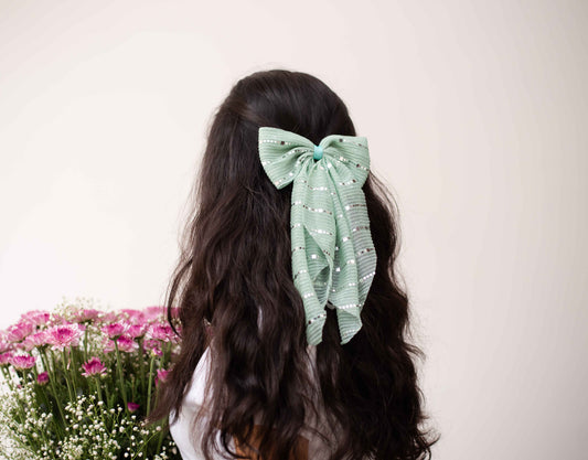 Stripe detailed Georgette Scarf on Alligator Clip - Sea Green