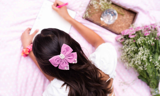 Velvet party bow on Alligator clip  embellished with pearls  - Light Purple