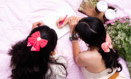 Velvet party bow on Alligator clip  embellished with pearls  - Pink