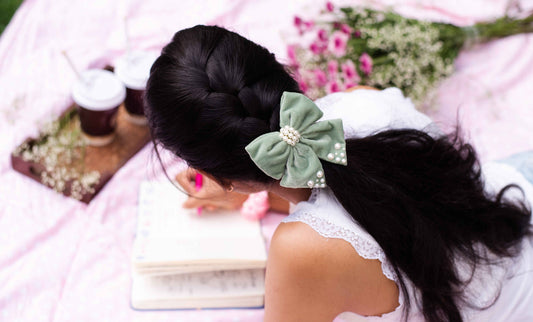 Velvet party bow on Alligator clip  embellished with pearls  - Olive Green