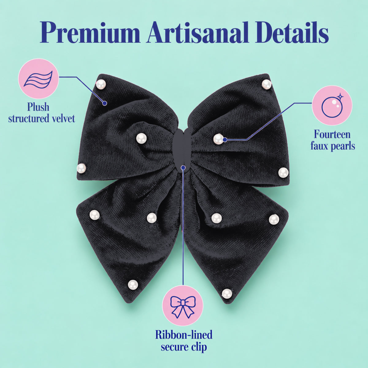 Velvet party bow on alligator clip with pearls - Black