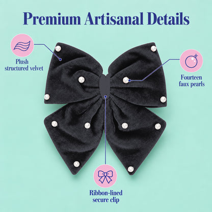 Velvet party bow on alligator clip with pearls - Black