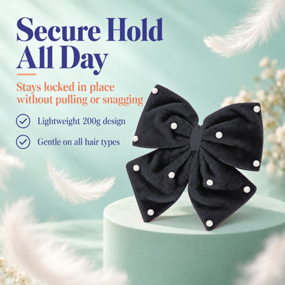 Velvet party bow on alligator clip with pearls - Black