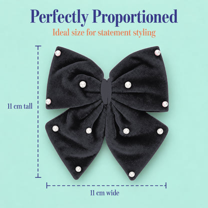 Velvet party bow on alligator clip with pearls - Black