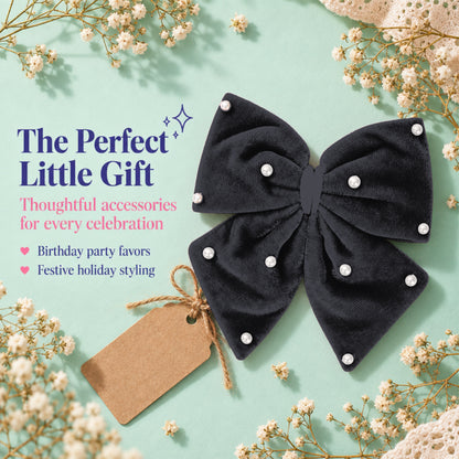 Velvet party bow on alligator clip with pearls - Black