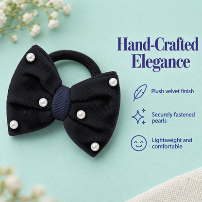 Velvet bow on rubberbands with pearls - Black