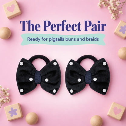 Velvet bow on rubberbands with pearls - Black