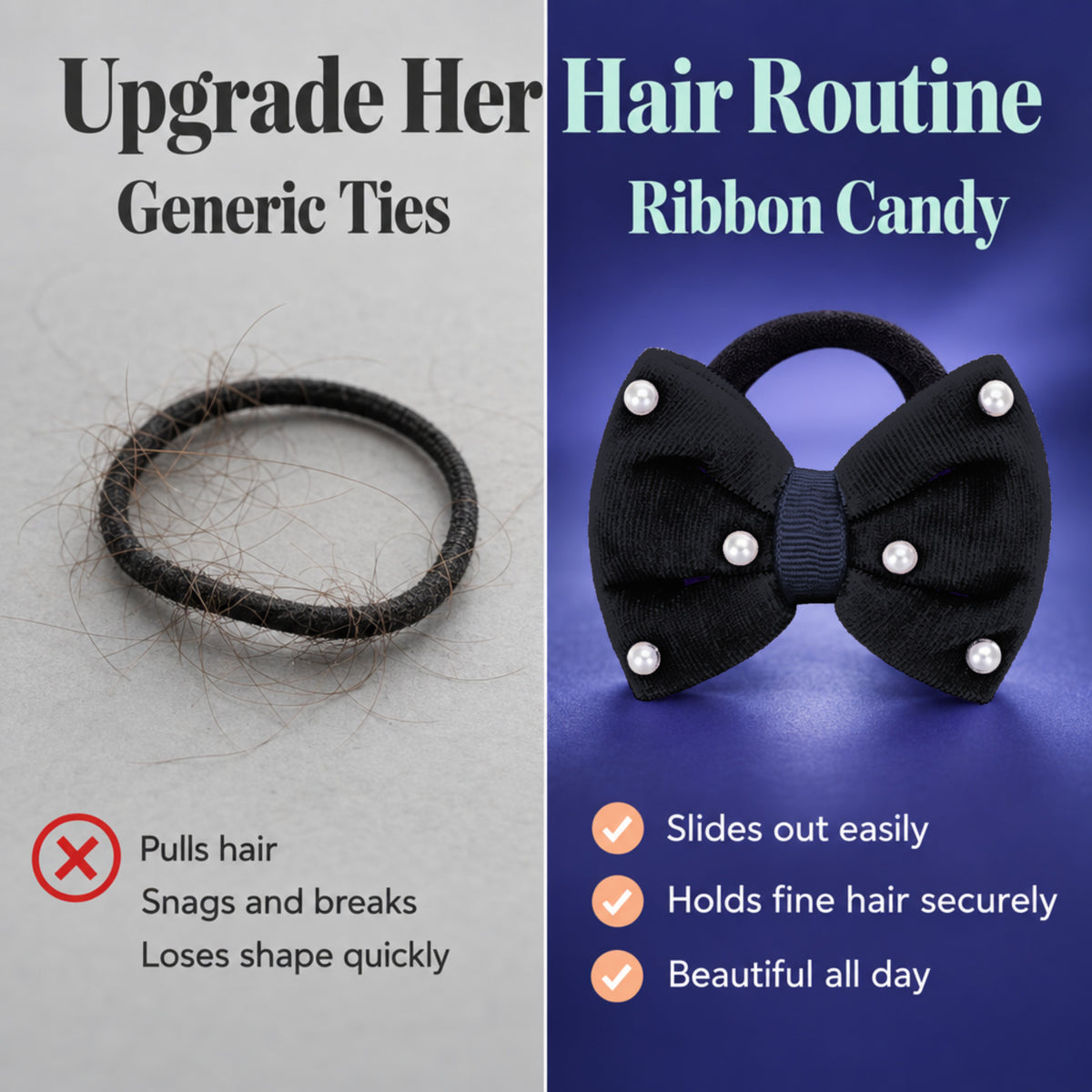 Velvet bow on rubberbands with pearls - Black