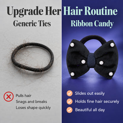 Velvet bow on rubberbands with pearls - Black