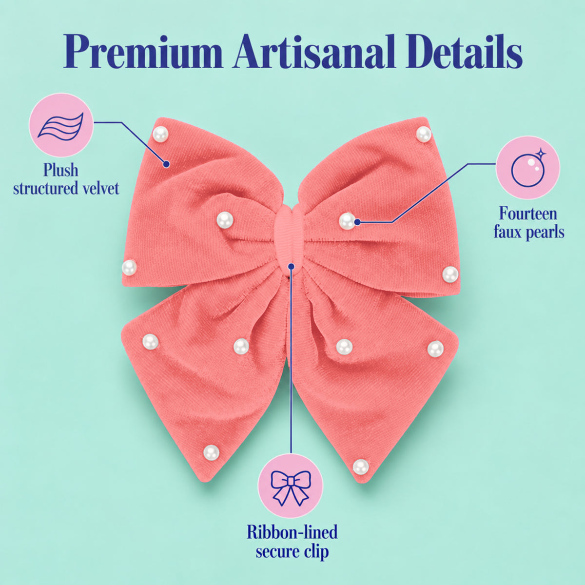 Velvet party bow on alligator clip with pearls - Peach