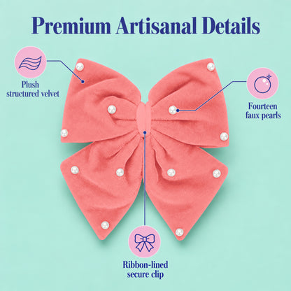 Velvet party bow on alligator clip with pearls - Peach
