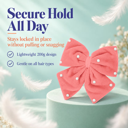 Velvet party bow on alligator clip with pearls - Peach