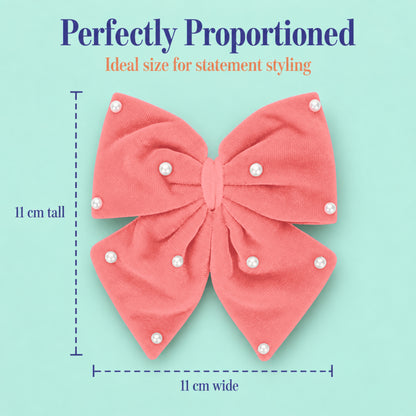 Velvet party bow on alligator clip with pearls - Peach