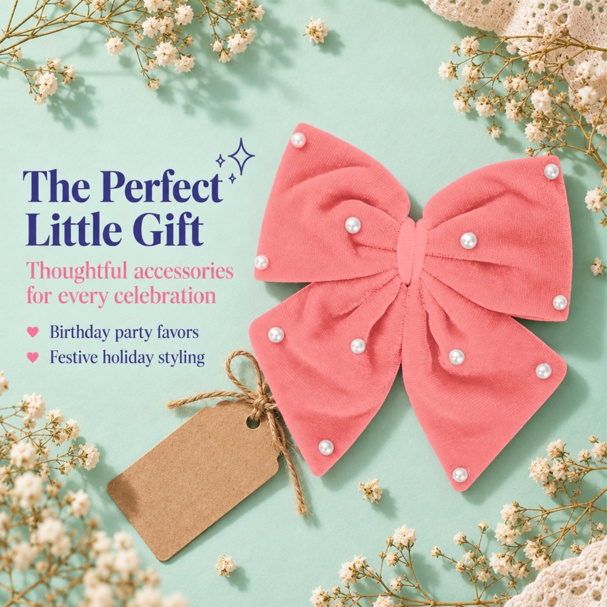 Velvet party bow on alligator clip with pearls - Peach