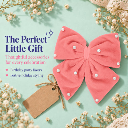 Velvet party bow on alligator clip with pearls - Peach