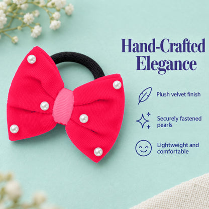 Velvet bow on rubberbands with pearls - Rose pink