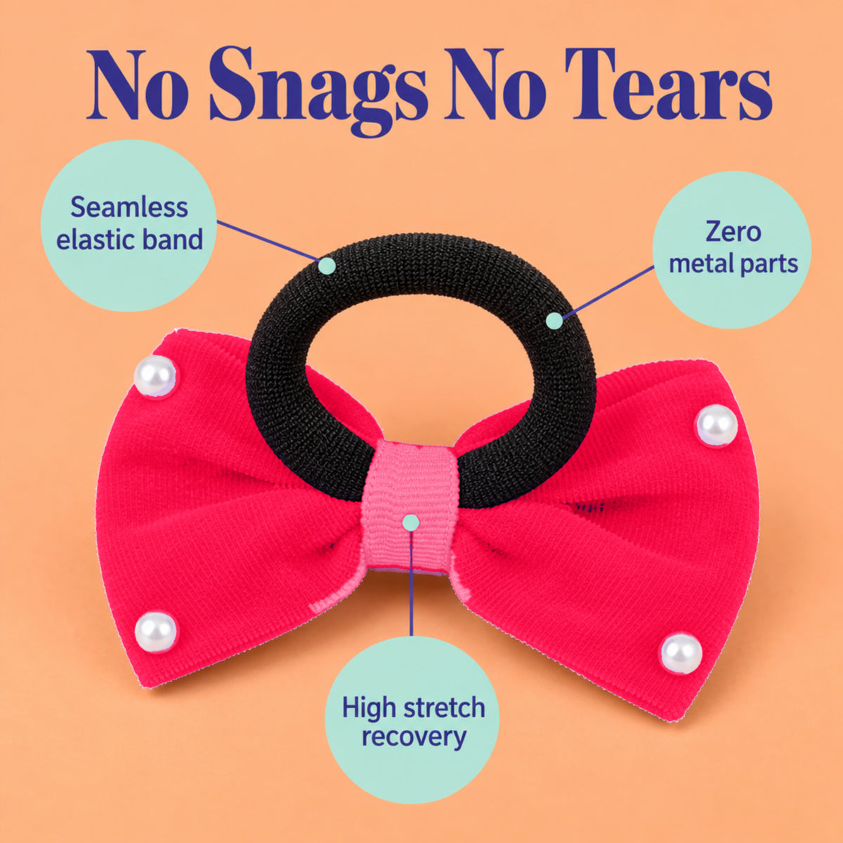 Velvet bow on rubberbands with pearls - Rose pink