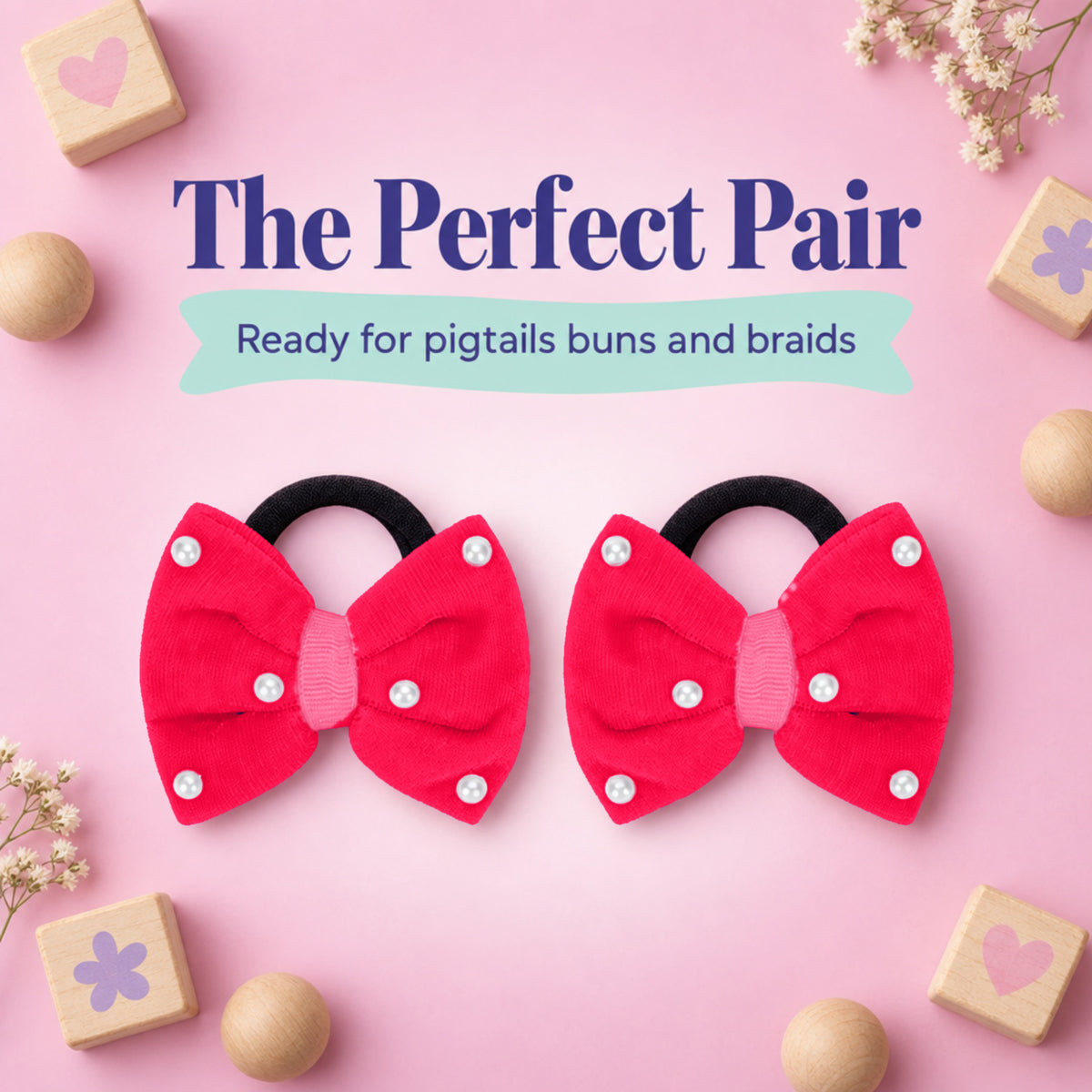 Velvet bow on rubberbands with pearls - Rose pink