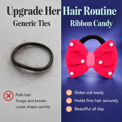 Velvet bow on rubberbands with pearls - Rose pink