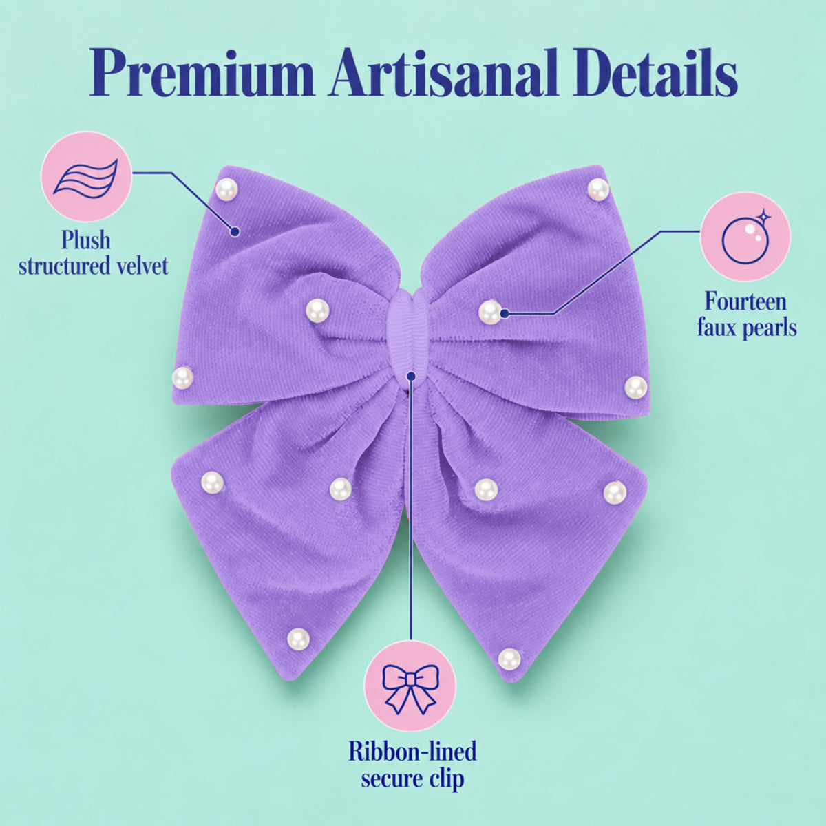 Velvet party bow on alligator clip with pearls - Lilac