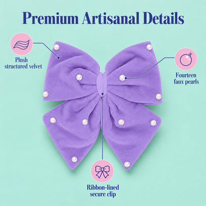 Velvet party bow on alligator clip with pearls - Lilac