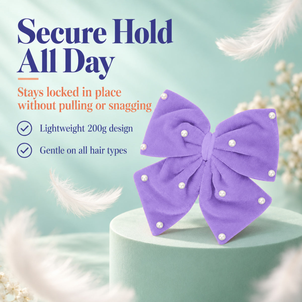 Velvet party bow on alligator clip with pearls - Lilac
