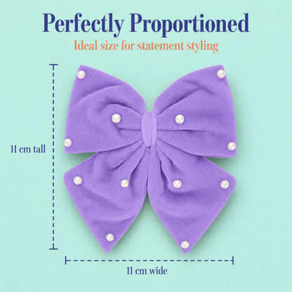 Velvet party bow on alligator clip with pearls - Lilac