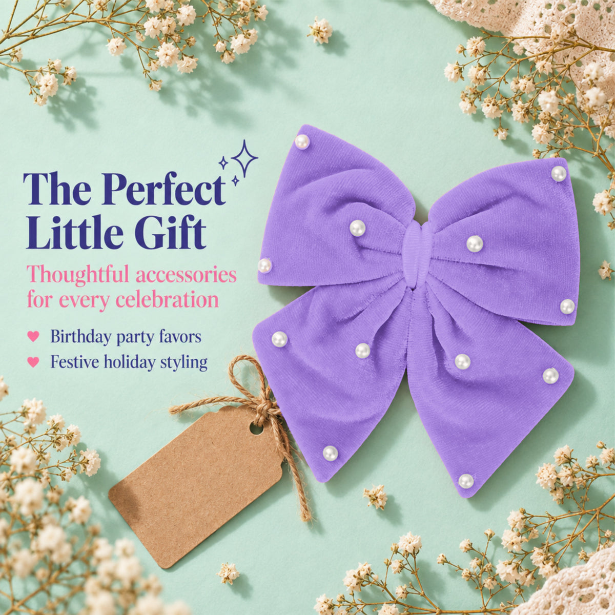 Velvet party bow on alligator clip with pearls - Lilac