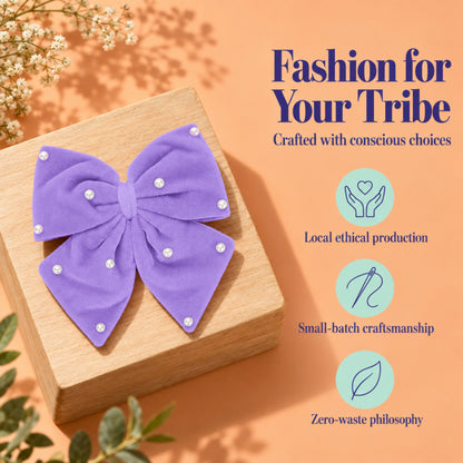 Velvet party bow on alligator clip with pearls - Lilac