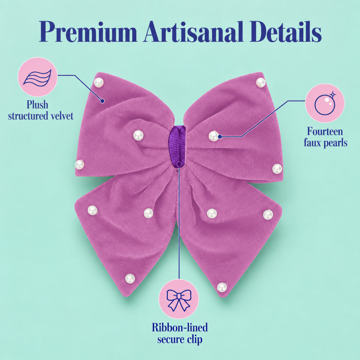 Velvet party bow on alligator clip with pearls - Purple