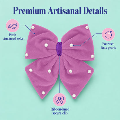 Velvet party bow on alligator clip with pearls - Purple