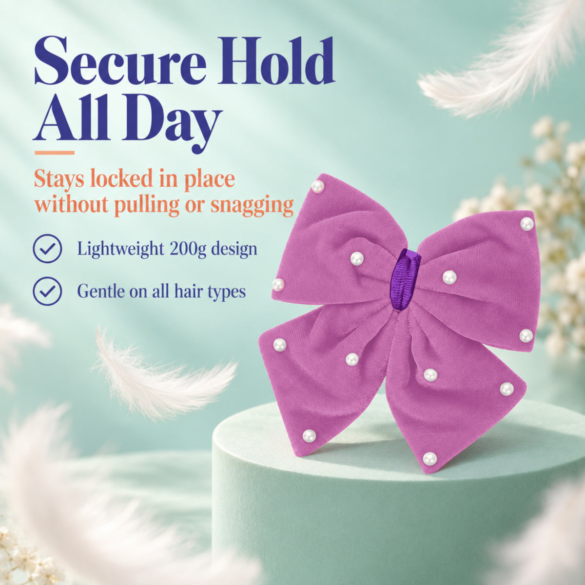 Velvet party bow on alligator clip with pearls - Purple