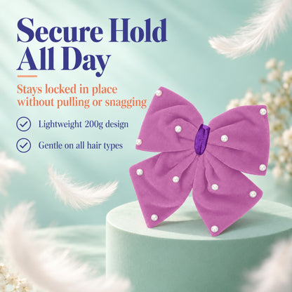 Velvet party bow on alligator clip with pearls - Purple