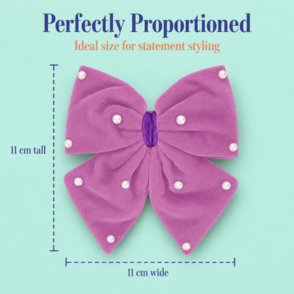 Velvet party bow on alligator clip with pearls - Purple