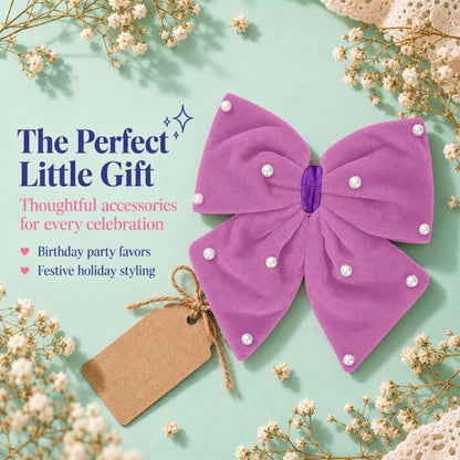 Velvet party bow on alligator clip with pearls - Purple